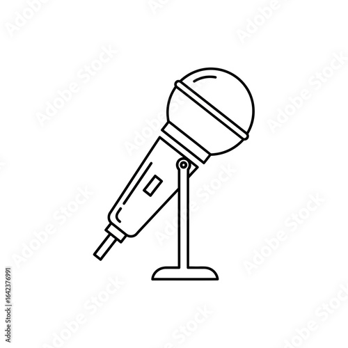 Line art illustration of a microphone on a stand against a white background.