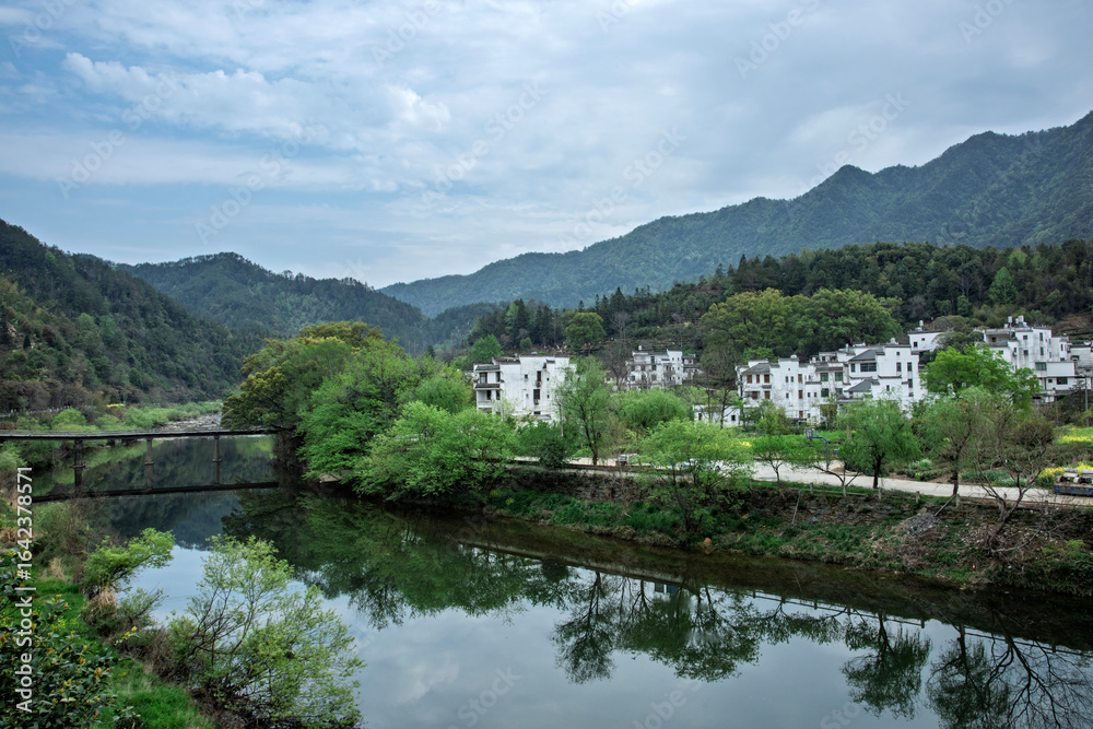 Fototapeta premium mountain landscape with lake and bridge