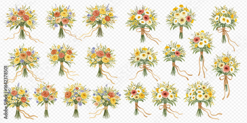 A beautiful collection of eighteen hand-drawn wedding bouquets with colorful yellow, orange, and white flowers tied with ribbons.