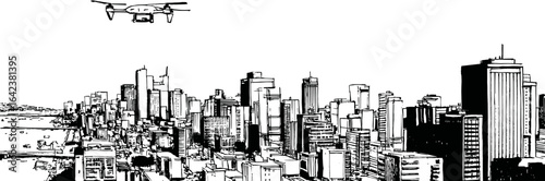 Abstract cityscape with high-rise buildings and skyscrapers in a skyline, hand drawn comic style black and white illustration