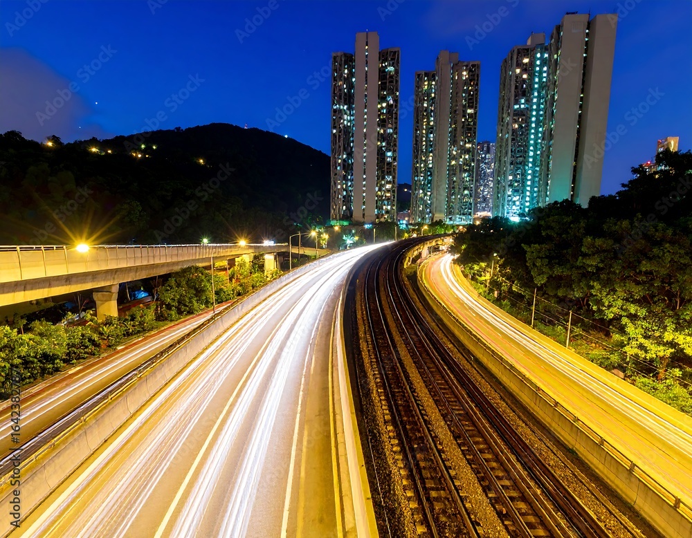 Obraz premium Night highway with city buildings