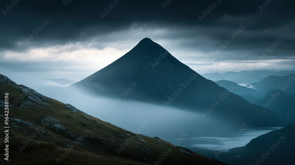 Fototapeta premium Misty mountain peak viewed from a high vantage point.