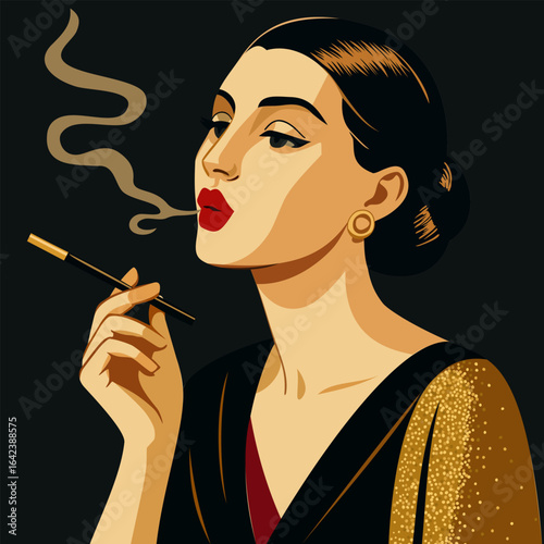 Smoking. Young beautiful elegant woman with cigarette. Vector illustration in retro style.