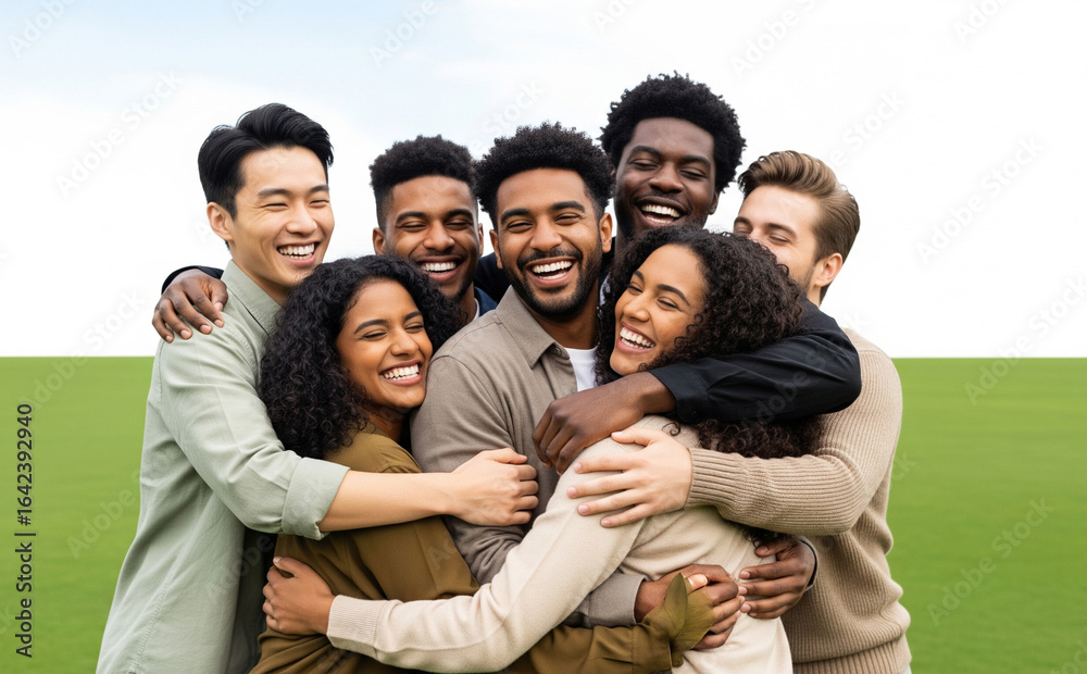 Obraz premium Group Of Multicultural Friends Embracing On A Grassy Field