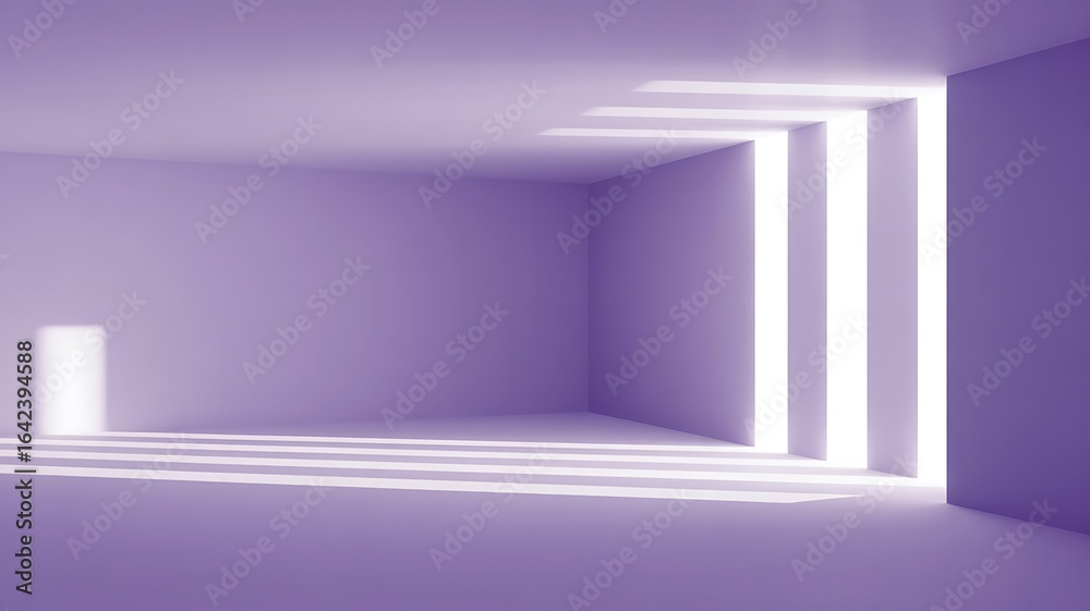 Fototapeta premium Empty room with purple walls and dramatic light and shadow patterns