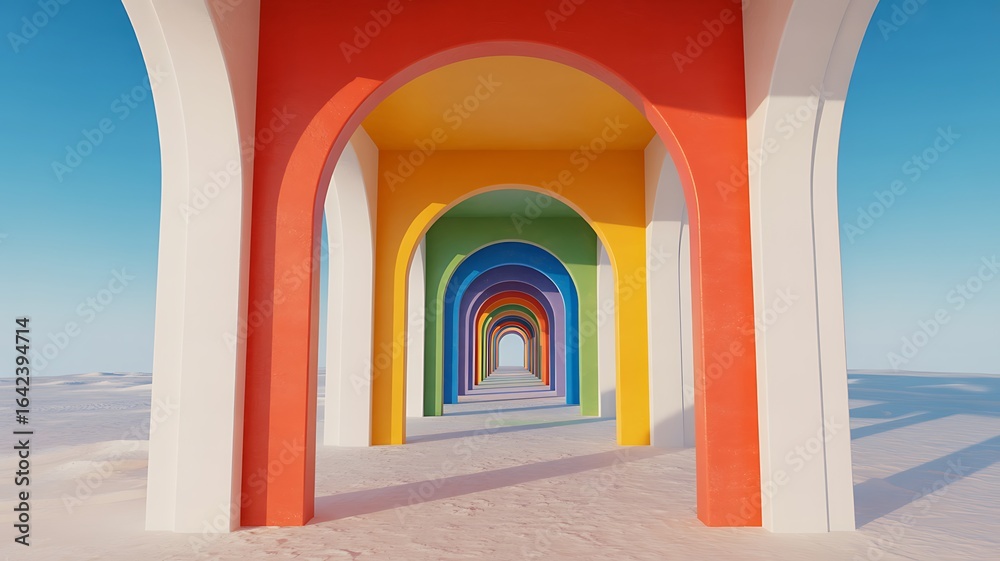 Fototapeta premium Endless rainbow colored arched tunnel with clear blue sky