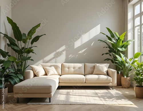 Serene living room oasis with plush sectional sofa and lush indoor plants bathed in natural sunlight