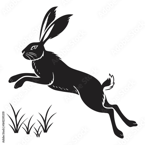 Silhouette of a black hare leaping over grass with long ears and a fluffy tail on a white background created with generated ai