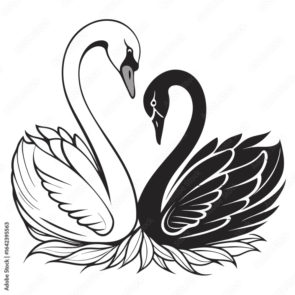 Fototapeta premium Elegant illustration of two swans forming a heart shape with their necks in black and white design created with generated ai