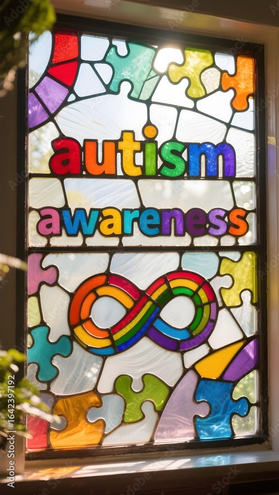 Obraz premium Stained glass autism awareness sign with infinity symbol in rainbow colors promoting neurodiversity inclusion mental health therapy and spectrum acceptance