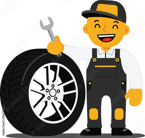 Mechanic with wrench and car tire vector illustration in uniform smiling happily 