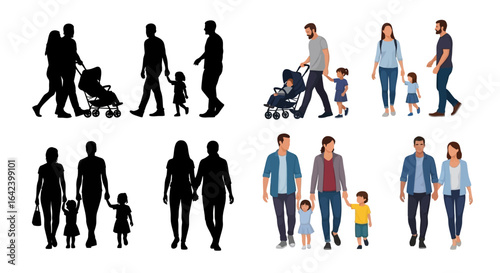 Family Silhouette and Color Illustration Set – Parents with Children, Baby Stroller, Walking, Holding Hands