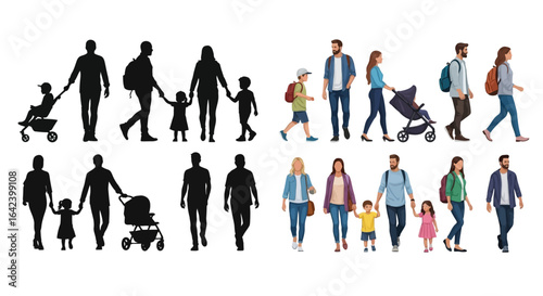 Family Silhouette and Color Illustration Set – Parents with Children, Baby Stroller, Walking, Holding Hands