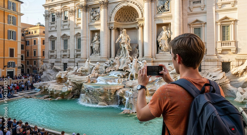 Male Tourist Photographing Fontana di Trevi in Rome, Italy