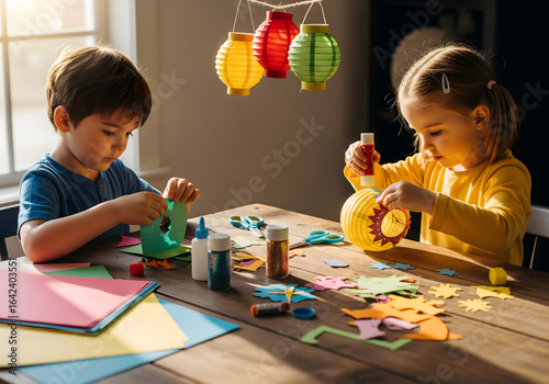 Two small children, a boy and a girl, focused and engaged in making paper lanterns and crafts at a sunny wooden table
