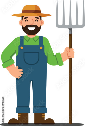 Farmer holding pitchfork wearing hat and overalls standing on ground vector illustration 