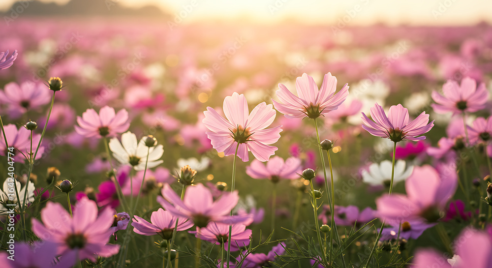 Pink Cosmos Flower Field Sunset Pink Cosmos Flower Field Sunset