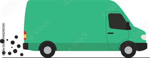 Green delivery van with exhaust fumes vector illustration in simple style 