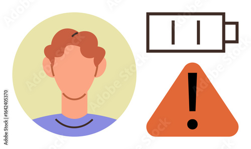 Head of a person beside a low battery and warning sign. Ideal for energy, mental health, productivity, stress, exhaustion, burnout, fatigue themes. Simple flat metaphor