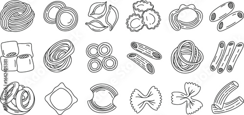 Assortment of black and white line art pasta shapes spaghetti macaroni