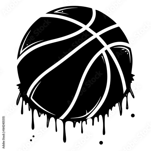 A stylized black basketball with white lines appears to be melting or dripping paint creating a grunge and urban street art aesthetic on a white background