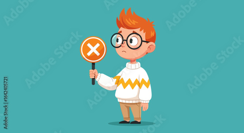 A Young Boy with Red Hair and Glasses Holds a Round Sign Displaying a Large Orange Cross Symbol with a Worried Expression on His Face Representing Failure or Disapproval