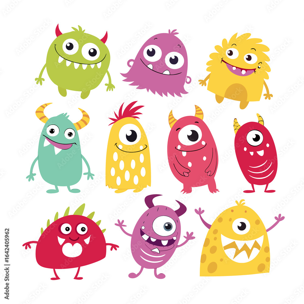 Naklejka premium A vibrant collection of ten adorable cartoonish friendly monsters with big eyes and unique colorful designs perfect for children s illustrations and playful themes