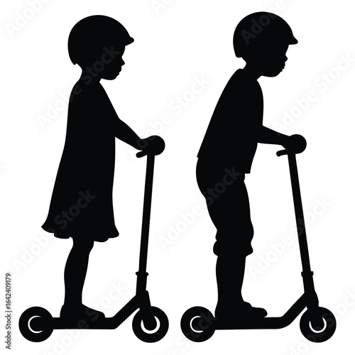 Children riding scooters black silhouette white background