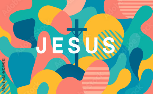 Colorful abstract background with the word “JESUS” and a cross silhouette at the center. Concept of Christianity, faith and modern religious art
