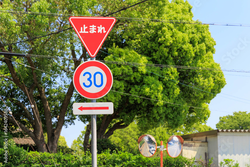 「止まれ」と制限速度30キロの道路標識のある風景