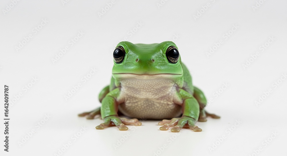 Obraz premium Brightly lit green tree frog poses serenely against white background. AI Generated