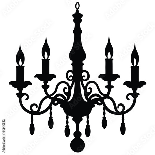 Ornate vintage chandelier with five candle flames black silhouette