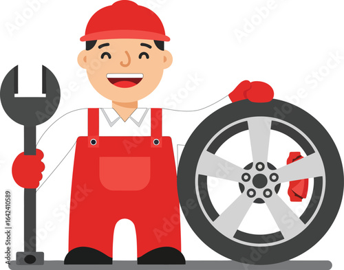 Mechanic holding wrench standing next to car wheel in red uniform smiling vector illustration 