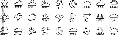 Collection of weather forecast icons including sun clouds rain lightning and moon vector