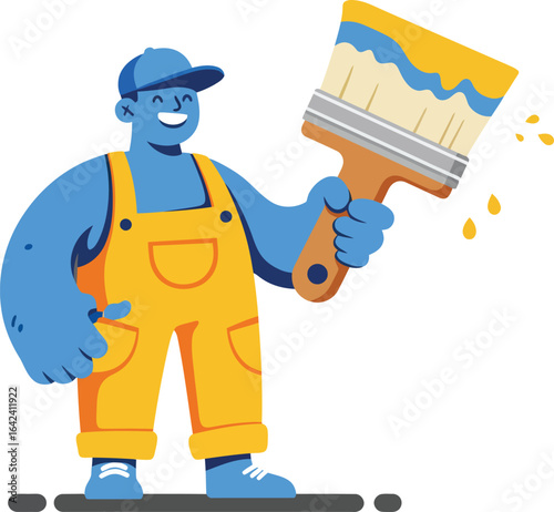 Blue character holding paintbrush with yellow and blue paint in overalls vector illustration 