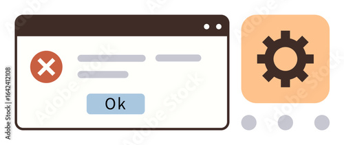 Error window with red cross, ok button, and text, paired with a gear icon. Ideal for technology issues, troubleshooting, warning, system settings, error resolution app design simple flat metaphor