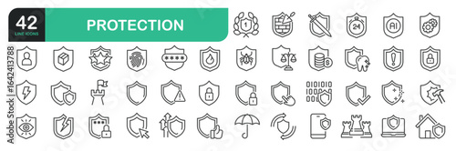 Set Of Protection Line Icons. Contains such icons as Security, Safety, Guard, Barrier, Technology Protection, Password, Antivirus, and more.