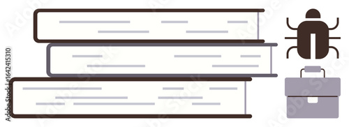 Stack of three books symbolizes knowledge, bug icon suggests debugging or issues, and briefcase conveys professional work. Ideal for education, research, coding, debugging, problem-solving