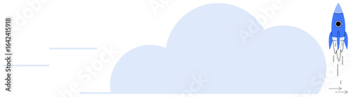 Blue rocket launching into the sky beyond a large cloud, outlining progress and aspiration. Ideal for innovation, growth, success, startup, ambition, creativity opportunity. Simple flat metaphor
