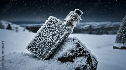 Frost-covered vape device resting on a snowy rock under a starry night sky in the mountains