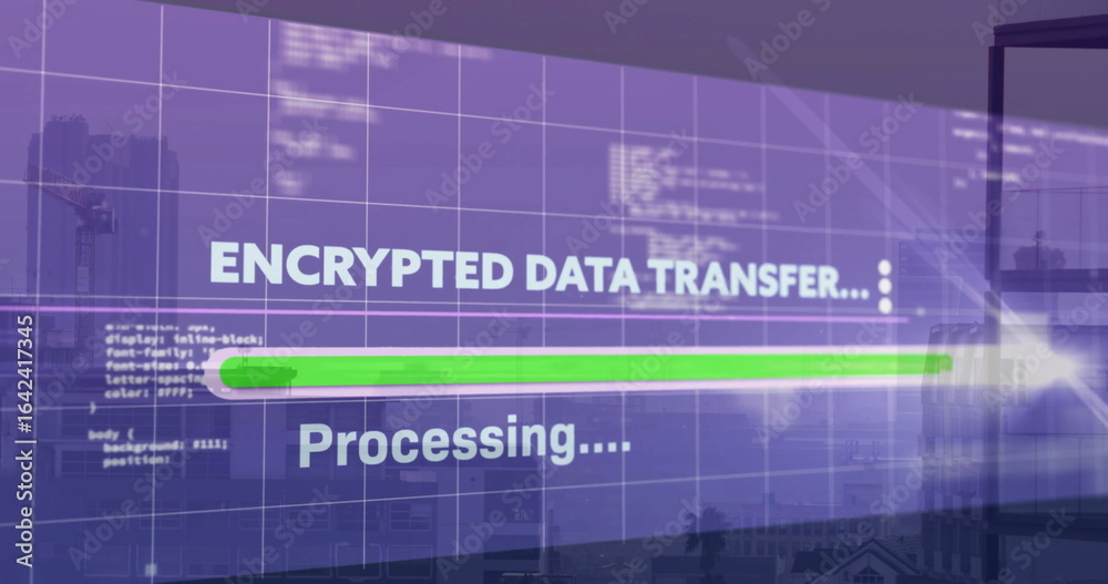 Fototapeta premium Projecting encrypted data transfer onto glass wall in workspace with progress bar, city skyline
