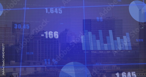 Displaying grid overlay on downtown skyline, with floating numeric indicators and chart segments