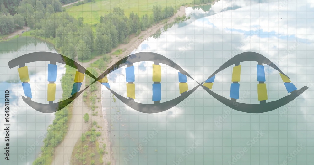 Naklejka premium Hovering stylized DNA helix twisting above aerial forest peninsula and calm lake, with grid overlay