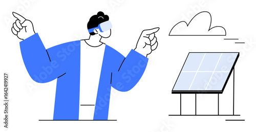 Person wearing augmented reality glasses gesturing next to solar panel and cloud. Ideal for clean energy, renewable resources, innovation, AR technology, sustainability, modern tech, future vision
