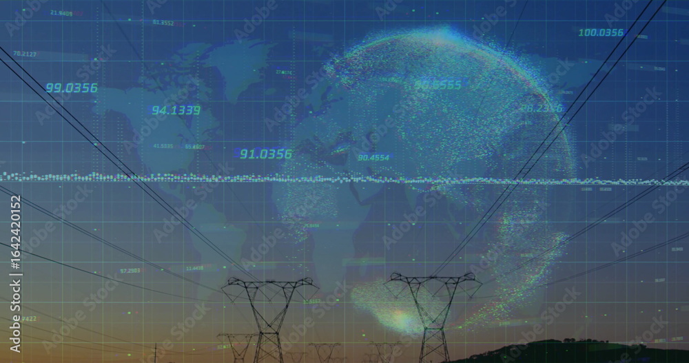 Obraz premium Displaying point-cloud globe hovering above hill at sunset, with power towers, grid, data labels
