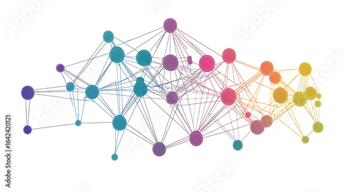 A colorful network of dots is displayed on a white background. The dots are arranged in a way that they form a complex web of connections, suggesting a network of relationships or ideas