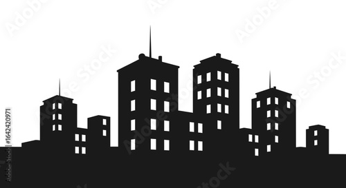 Silhouette of a modern city skyline. Black and white graphic illustration of urban architecture and downtown buildings.