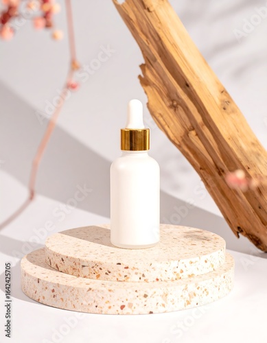 Elegant skincare serum on a modern terrazzo pedestal for a stylish beauty product presentation