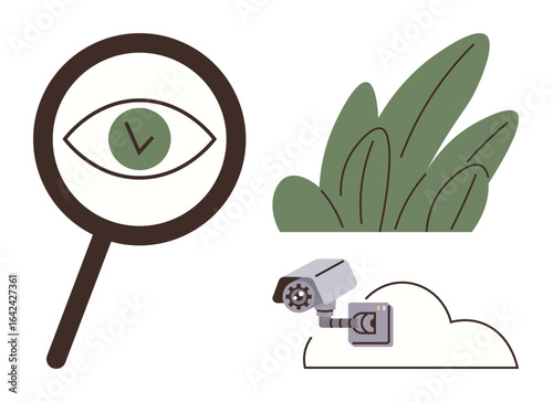 Magnifying glass with eye, security camera, green foliage. Ideal for monitoring, privacy, security, nature observation, technology, oversight metaphor for surveillance simple flat metaphor