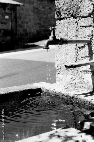 Rustic tap with dripping water in a pond.